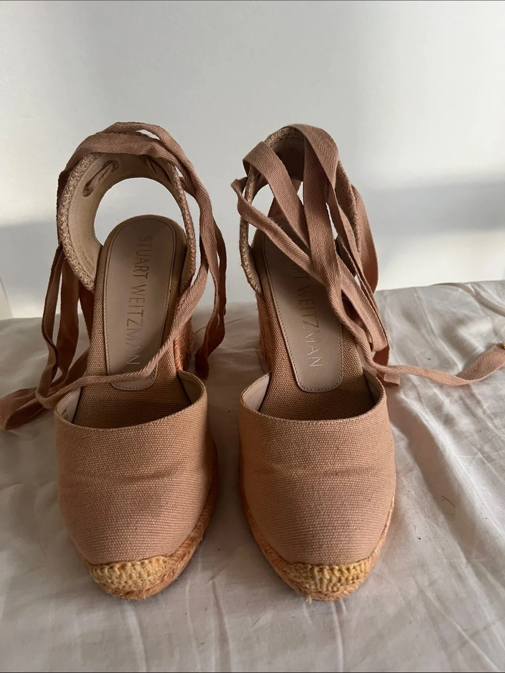Stuart Weitzman Blush Tan Canvas Espadrille Wedge Sandals with Wrap Ties